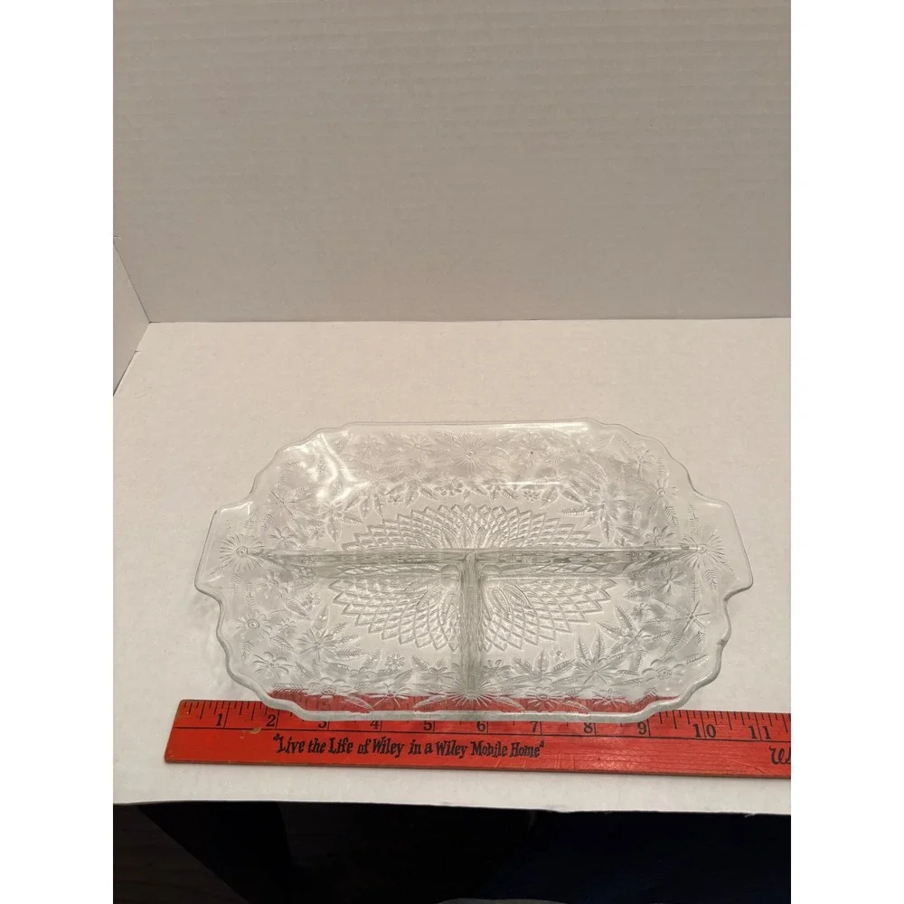 Vintage Clear Pressed Glass Divided Relish Dish Floral‎ Sunburst 3 Compartment